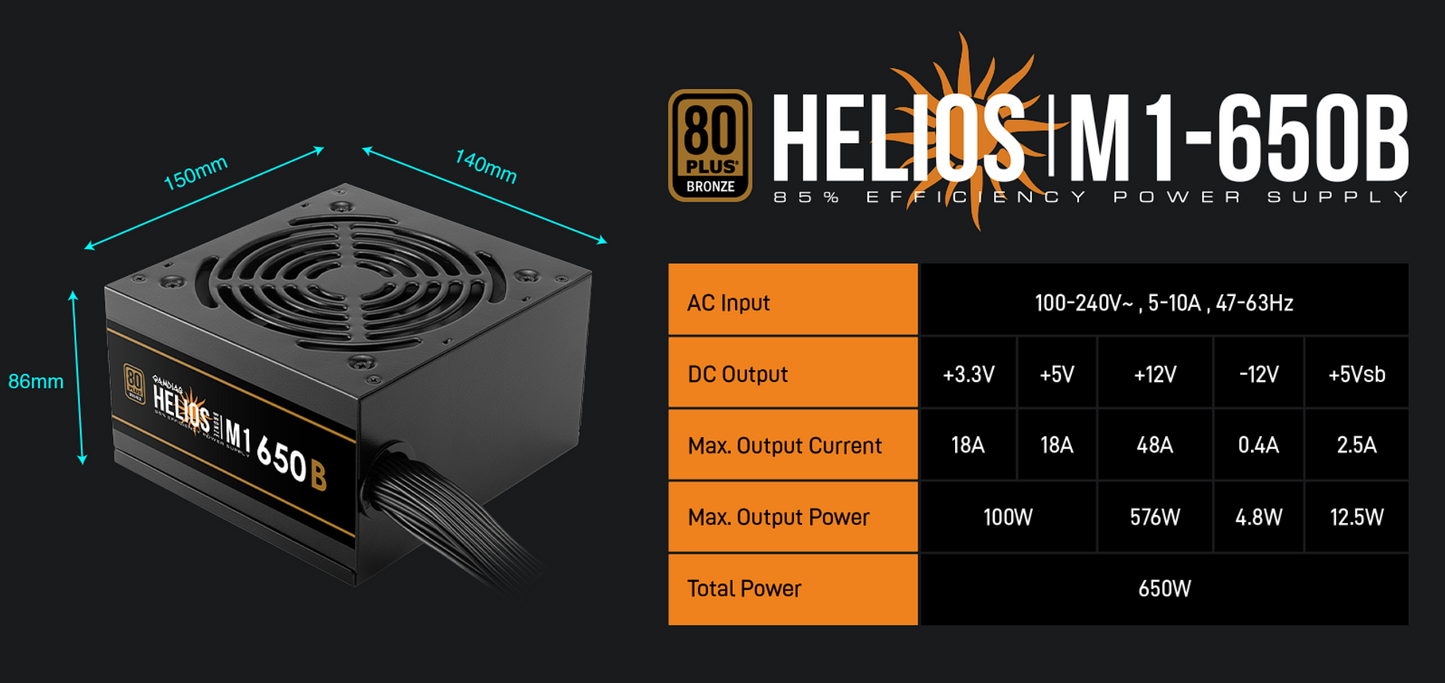 Alimentatore Gamdias HELIOS M1-650B – 650W, cablato, Certificazione 80 PLUS Bronze