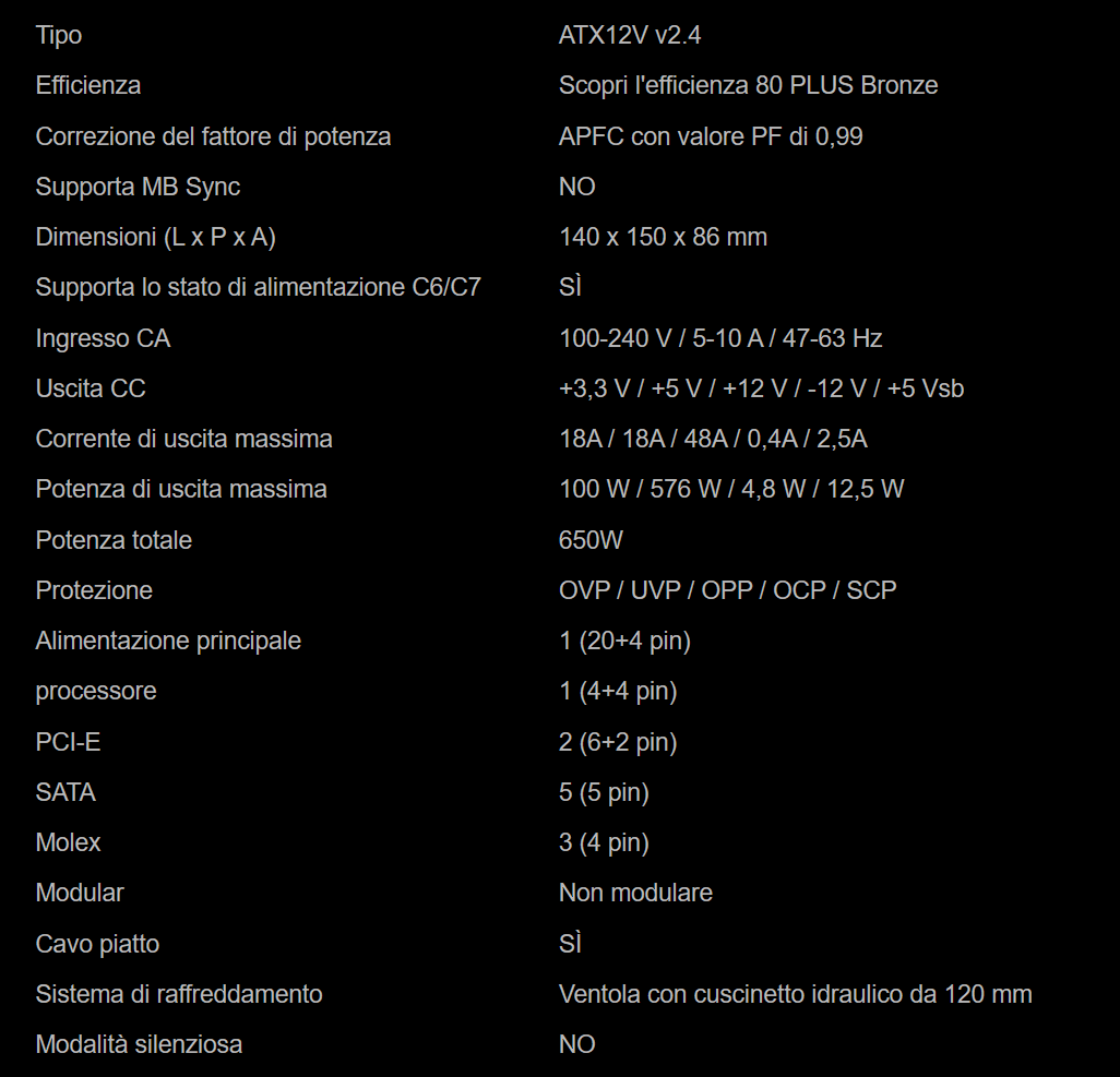 Alimentatore Gamdias HELIOS M1-650B – 650W, cablato, Certificazione 80 PLUS Bronze