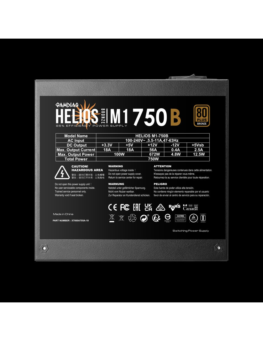 Alimentatore Gamdias HELIOS M1-750B – 750W, cablato, Certificazione 80 PLUS Bronze