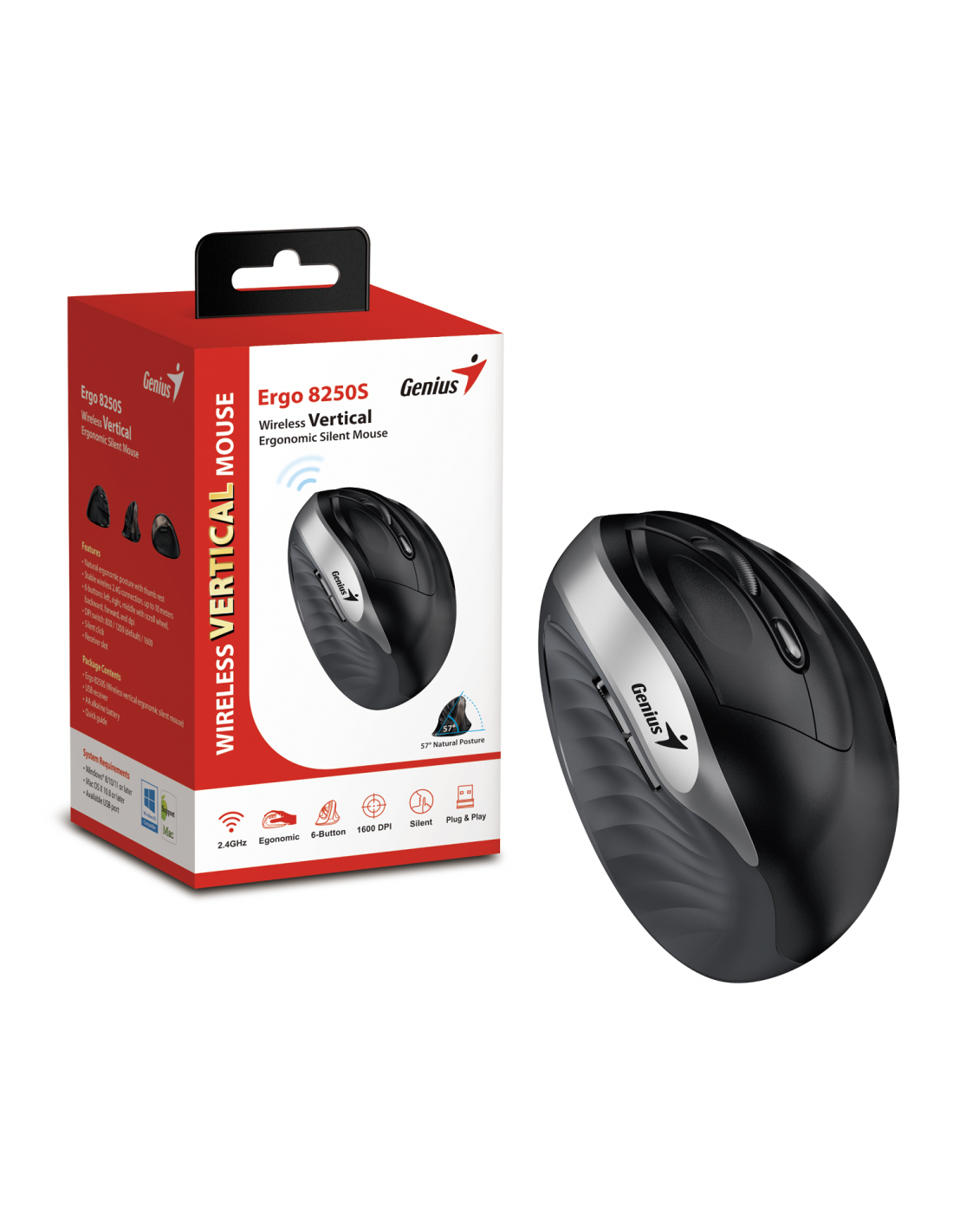 GENIUS MOUSE ERGONOMIC WIR. ERGO 8250S VERTICALE + POGGIAPOLSO SILVER GRAY/