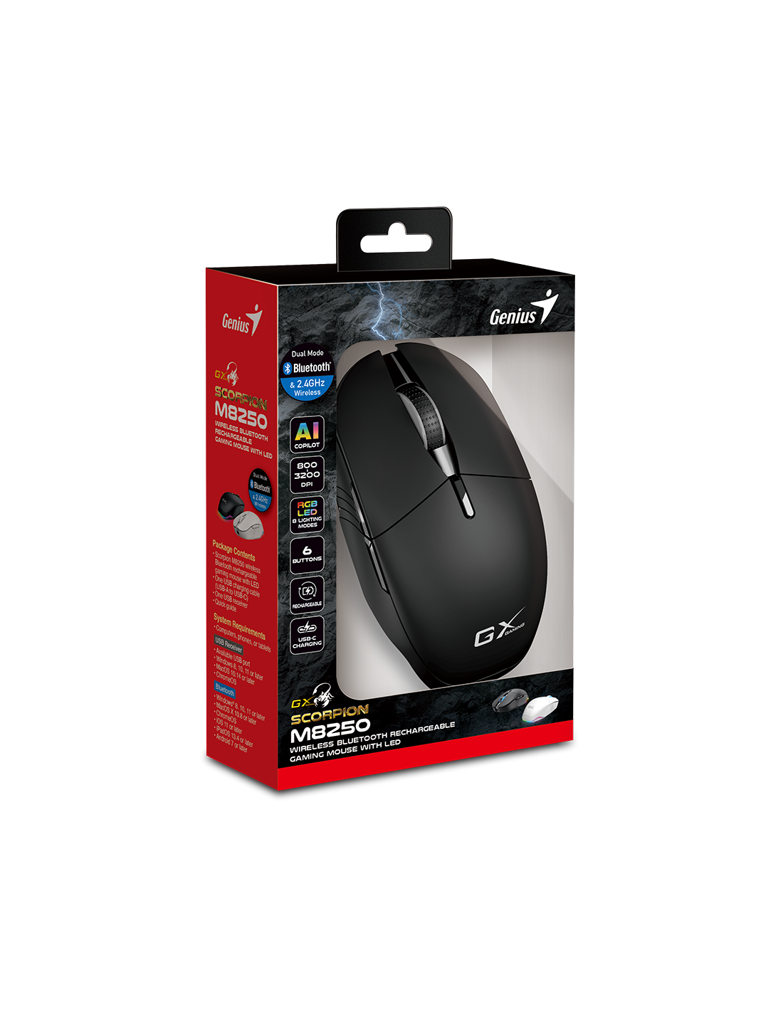 GENIUS MOUSE GAMING USB SCORPION M8250 BLK BT & 2.4GHz 8*RGB 800-3200DPI AI
