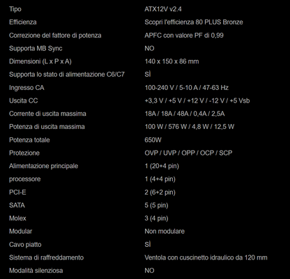 Alimentatore Gamdias HELIOS M1-650B – 650W, cablato, Certificazione 80 PLUS Bronze